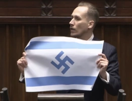 Poseł Konfederacji z flagą Izraela i swastyką w Sejmie. Reaguje ambasada Izraela