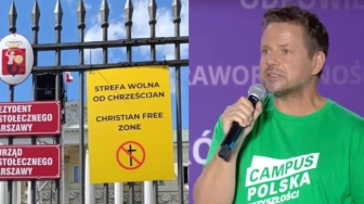 Baner „Strefa wolna od chrześcijan” na warszawskim ratuszu