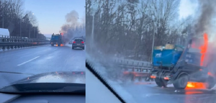 [Wideo] Warszawa. Pożar ciężarówki na Wisłostradzie. Ogromny korek