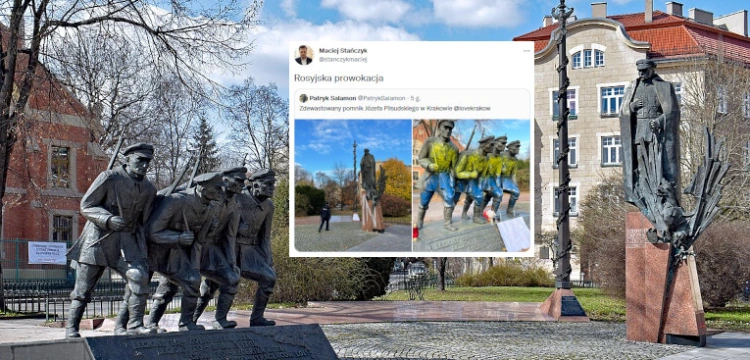 Odwrócona flaga Ukrainy na pomniku Piłsudskiego w Krakowie. Internauci: to ,,zielone ludziki’’ Putina
