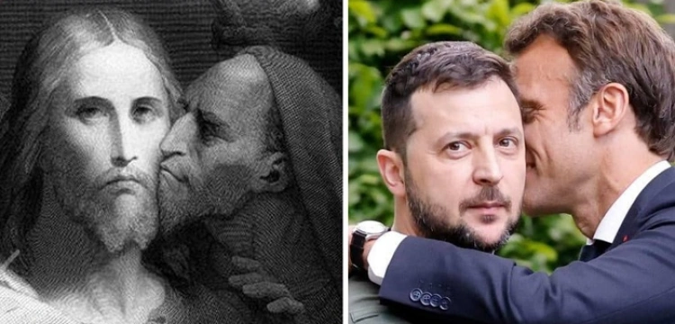 Nietypowe karykatura Macrona – przedstawiony jako Judasz