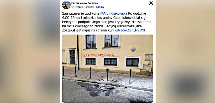 Zmarł mężczyzna, który dokonał samopodpalenia przed krakowską kurią