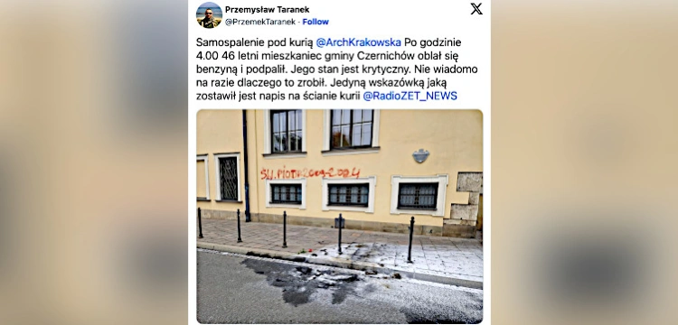 Samopodpalenie przed krakowską kurią. Mężczyzna zostawił napis na ścianie kurii